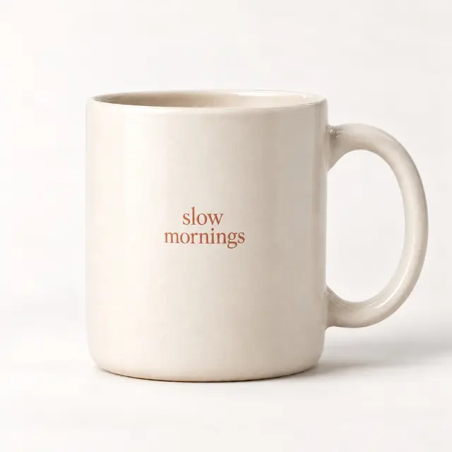 Ivory ceramic mug with a small terracotta slow mornings design fired into the glaze